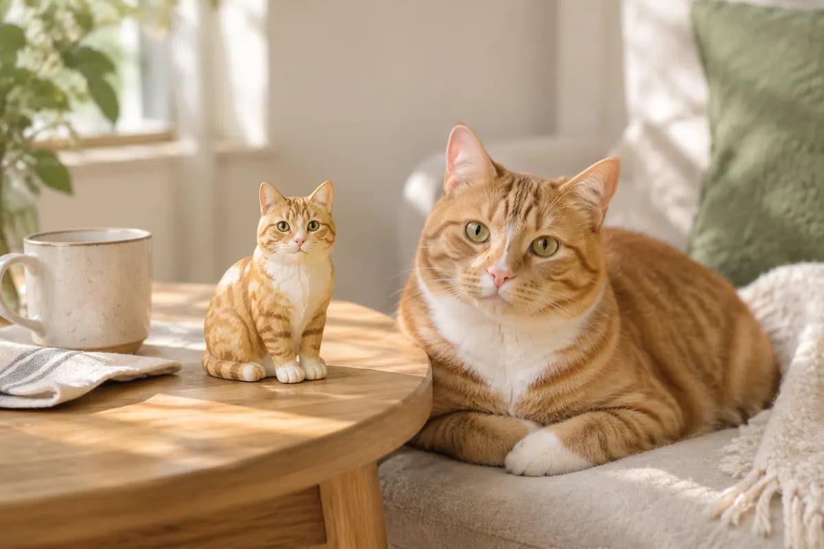 茶杯旁的橘猫小像,真橘猫在旁边休息