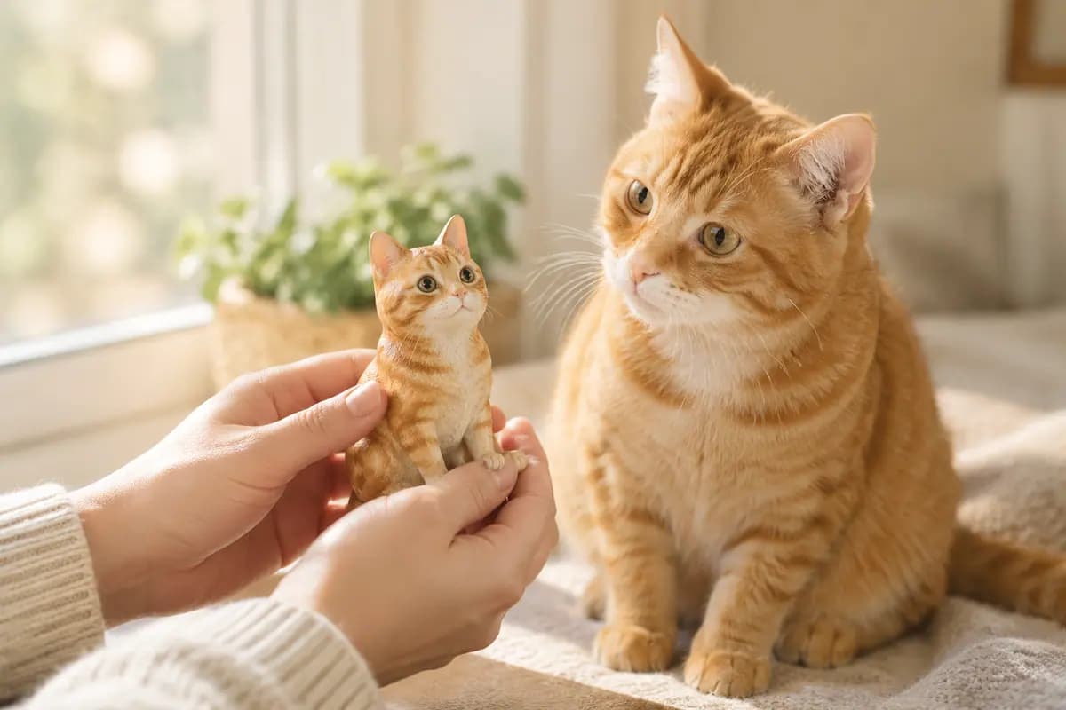 双手捧着橘猫小像,真橘猫就在身边