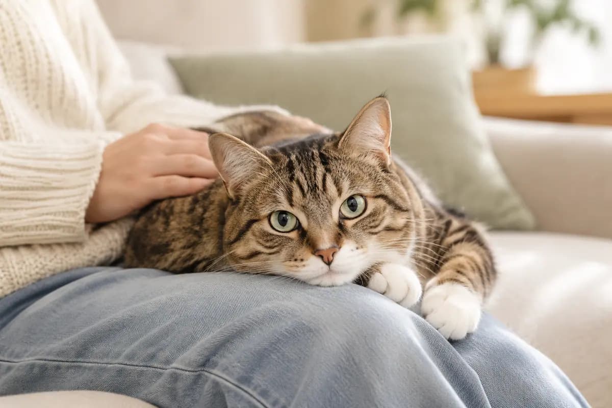 狸花猫把下巴搁在腿上,一只手轻抚着它