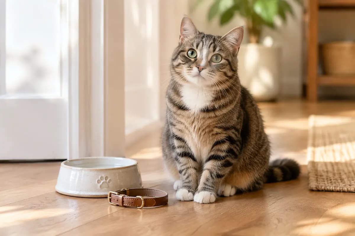 门口的旧碗和项圈旁,狸花猫坐在暖光里