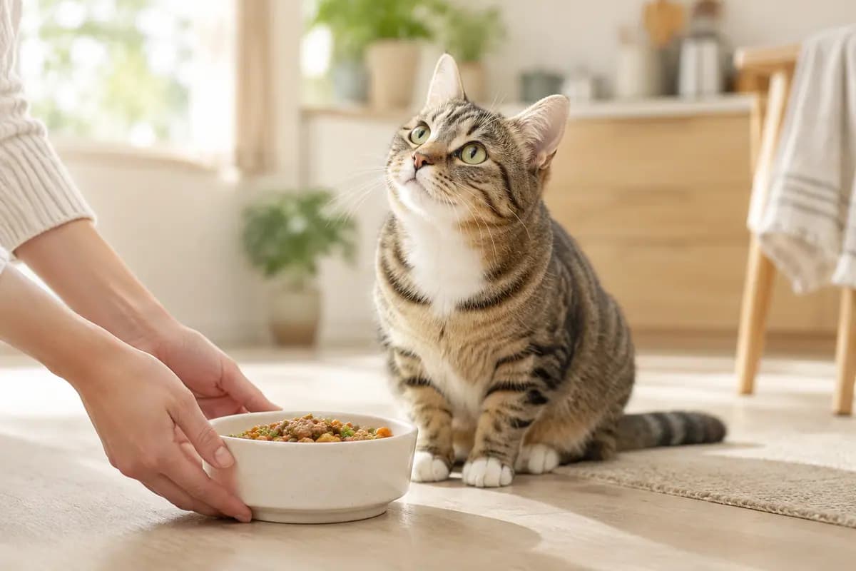 双手放下一碗粮,狸花猫抬头等着