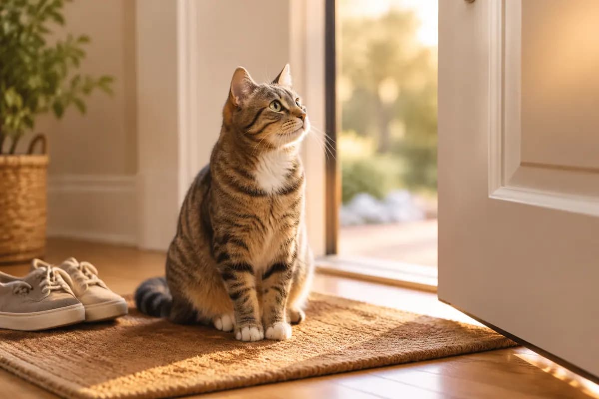 门垫上,狸花猫抬头看着门打开