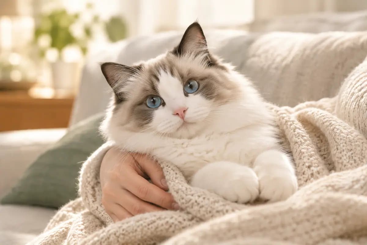 裹着毯子的布偶猫靠在人的臂弯里