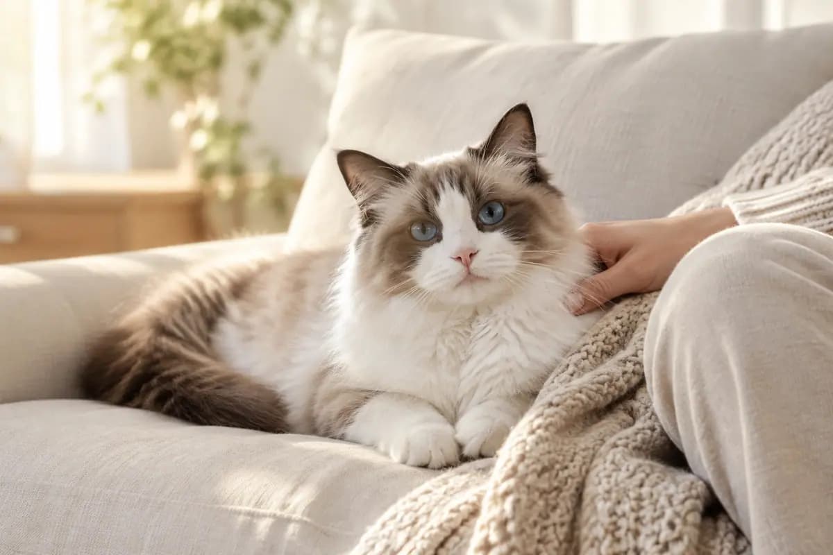 午后的沙发上,布偶猫挨着人窝在毯子里
