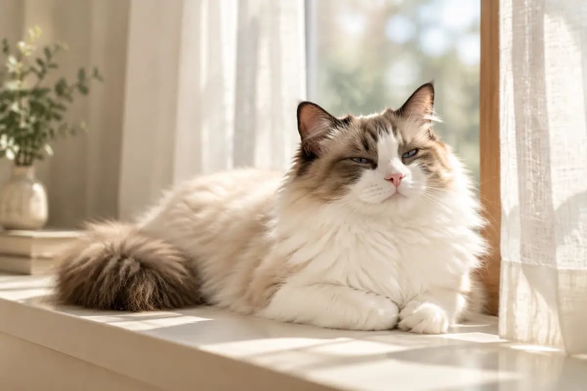 窗台上的阳光里,布偶猫眯着眼晒太阳