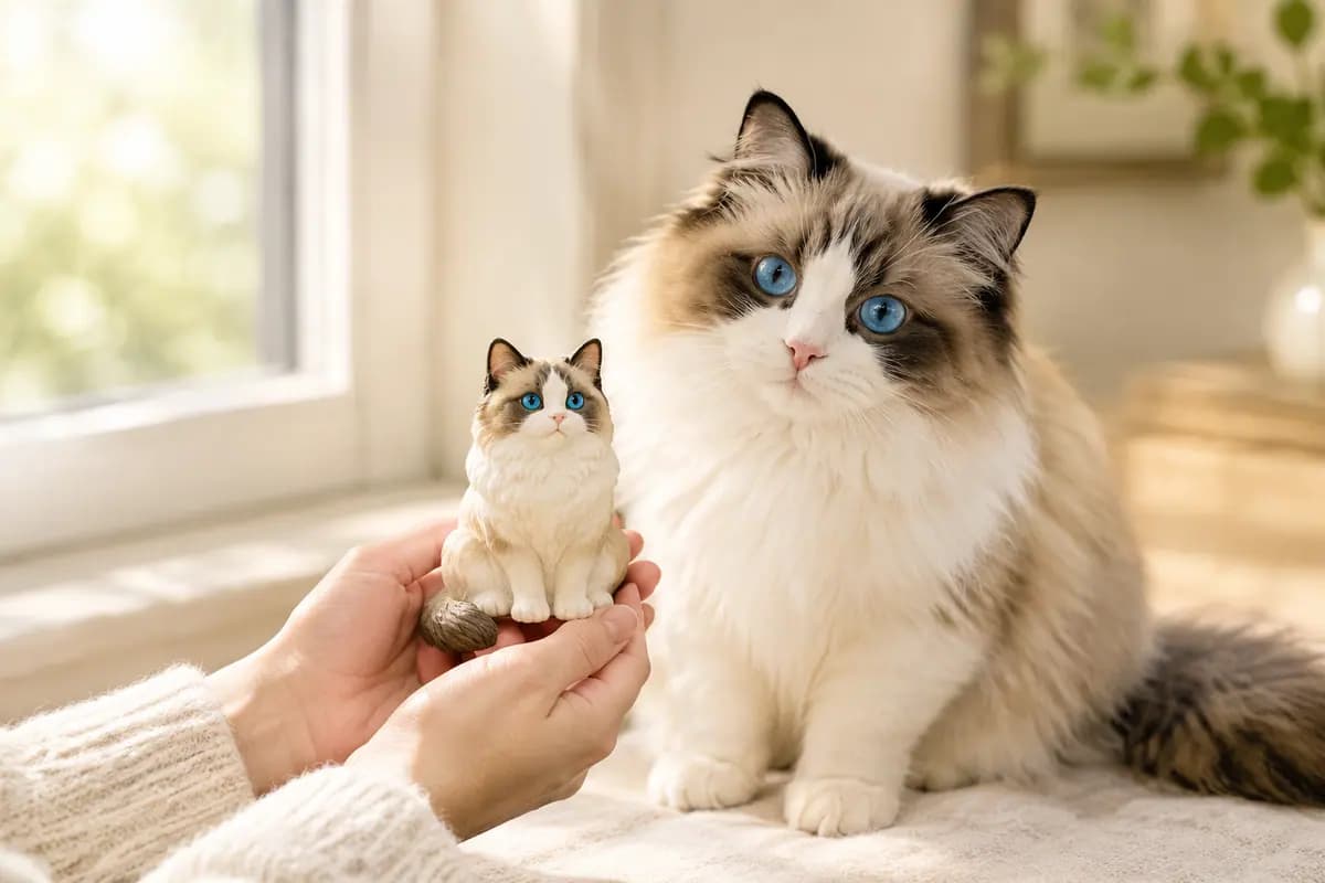 双手捧着布偶猫小像,真布偶猫就在身边