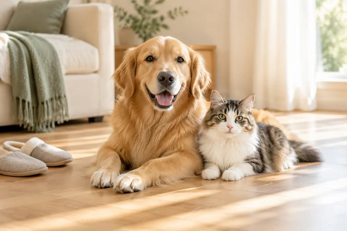 家里木地板的阳光下,金毛和猫挨在一起