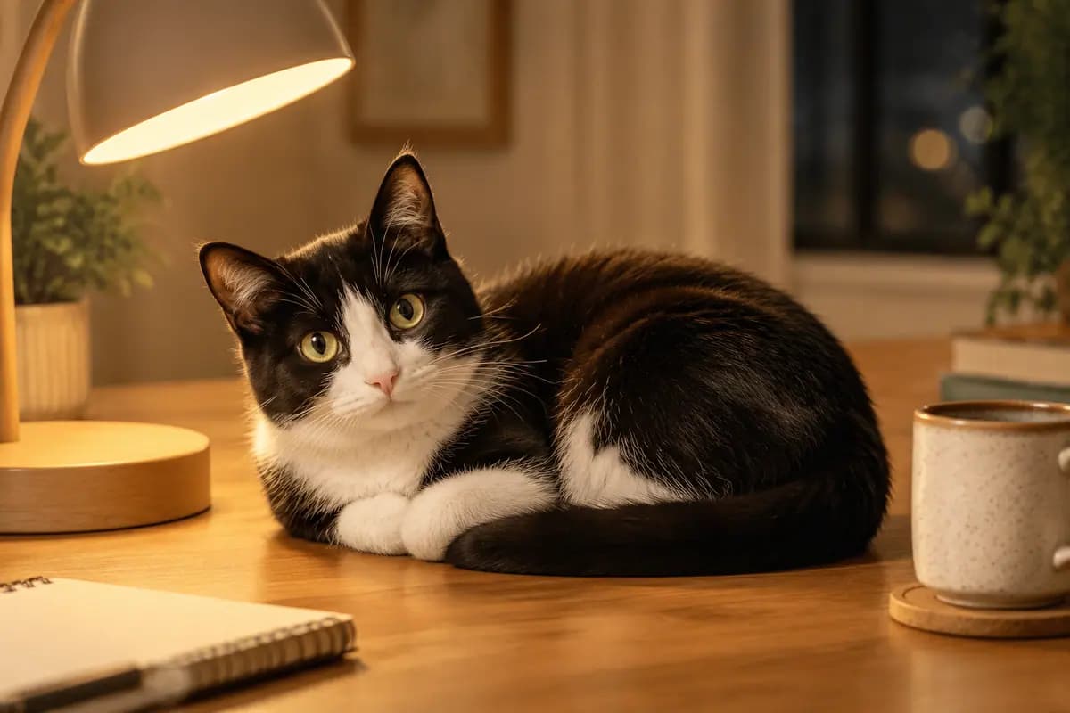 夜里的台灯下,奶牛猫蜷在书桌边