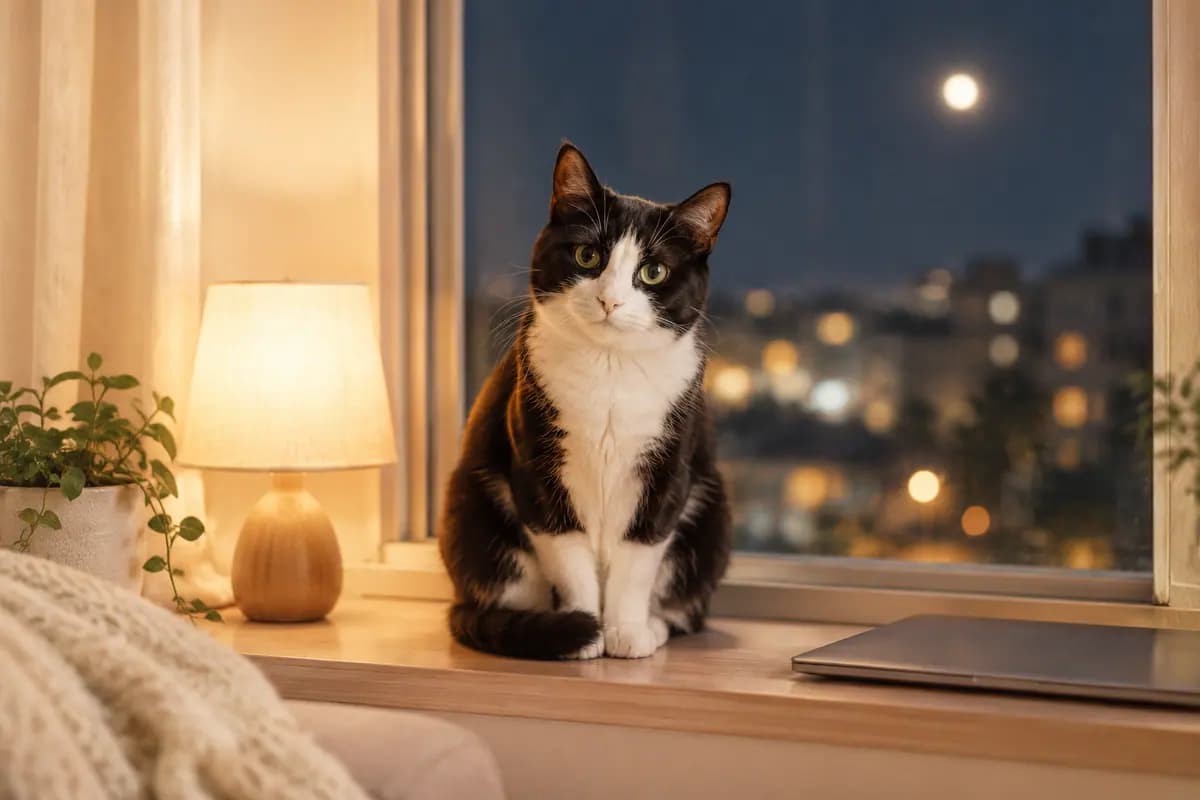夜里的窗台边,奶牛猫陪着亮着的小灯