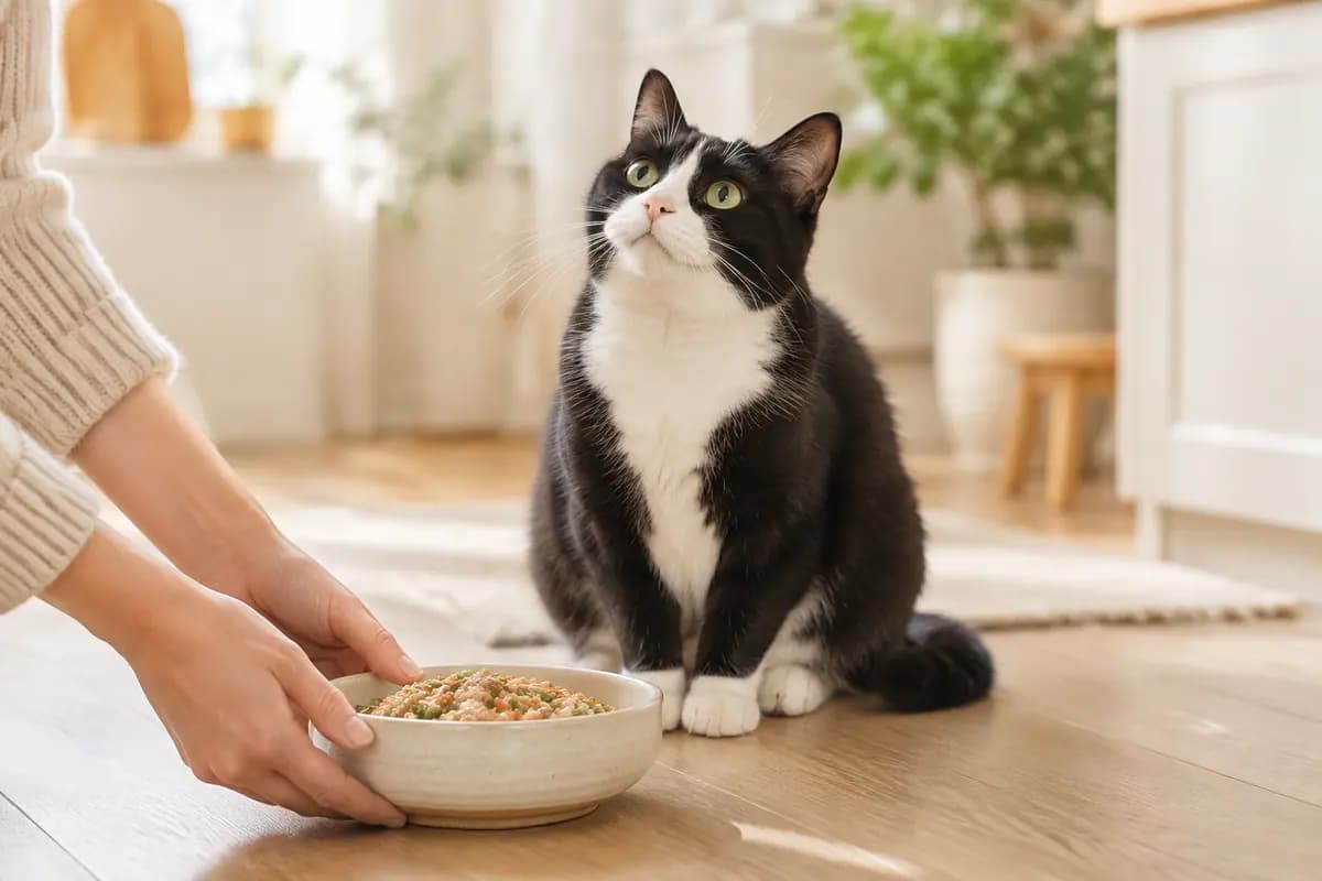 双手放下一碗粮,奶牛猫抬头等着
