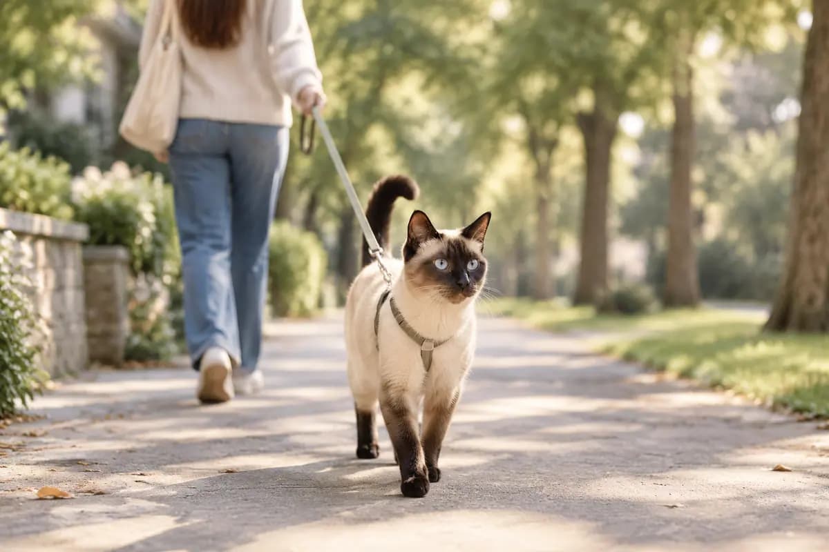 清晨的林荫道上,牵着暹罗猫散步