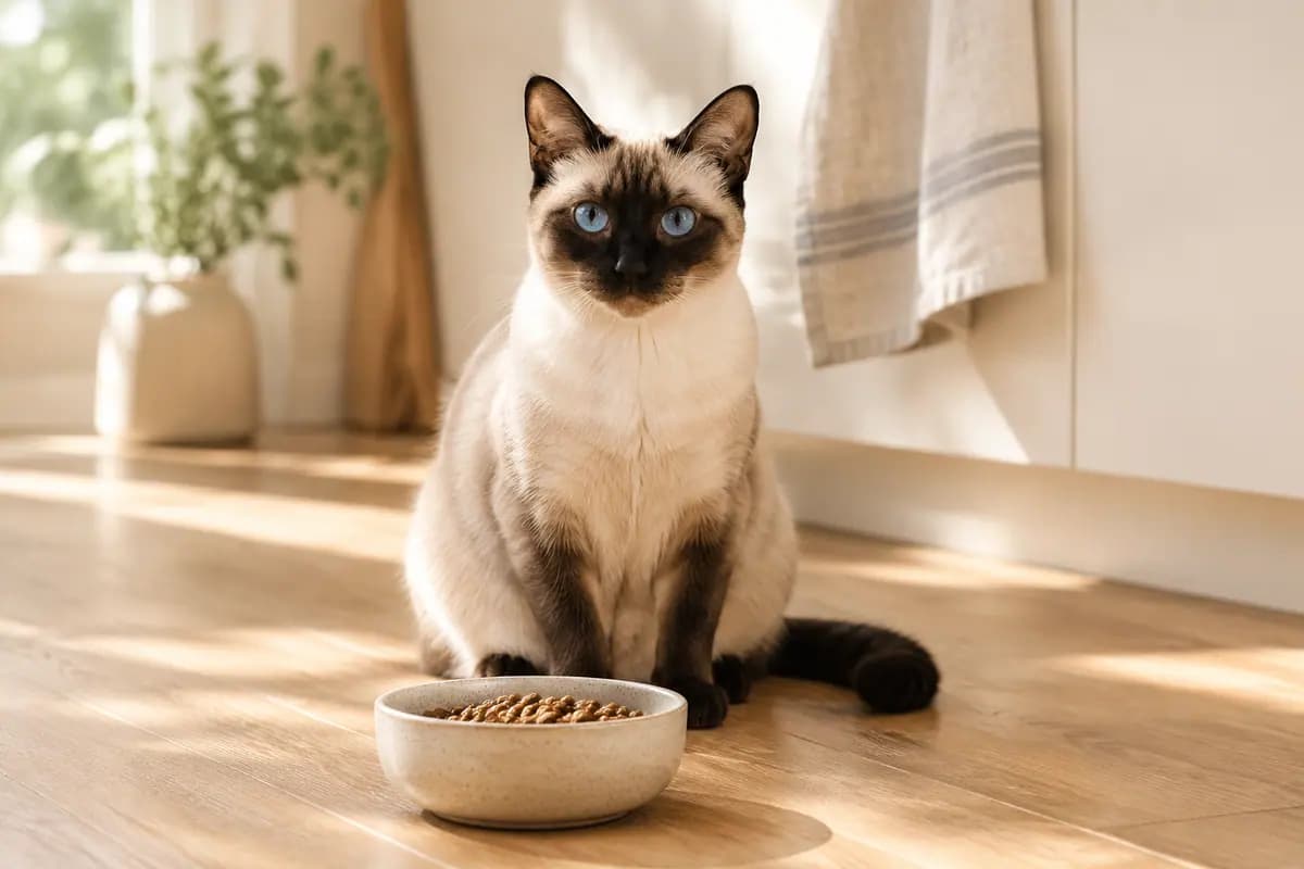 清晨厨房里,暹罗猫坐在陶瓷食碗前