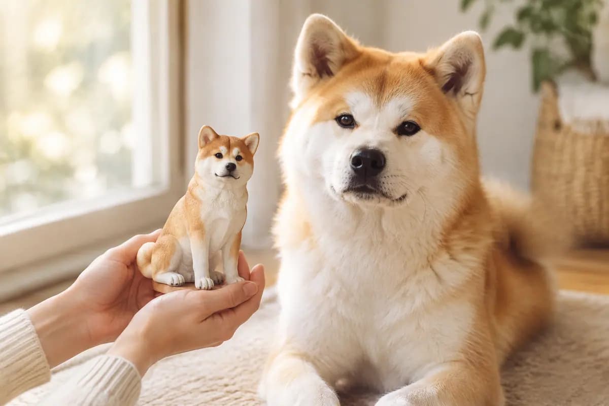 双手捧着秋田犬小像,真秋田犬就在身边