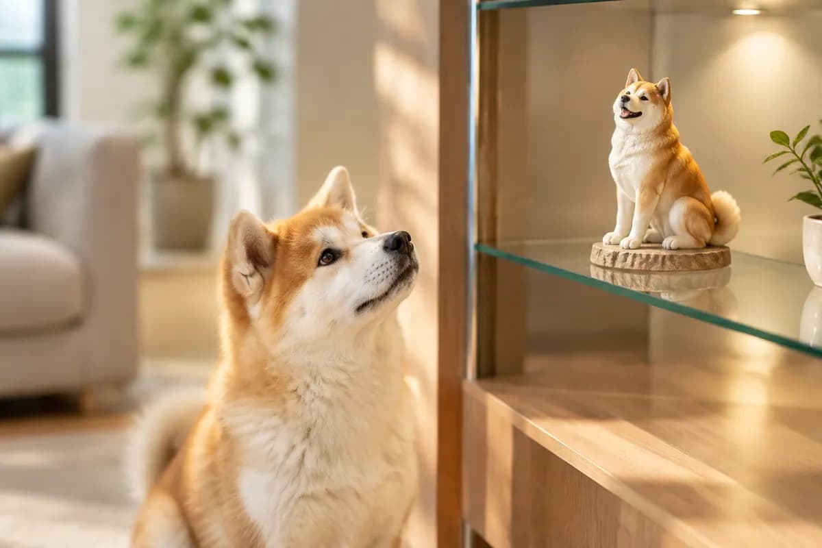 展柜里的秋田犬小像,真秋田犬坐在前面仰头看