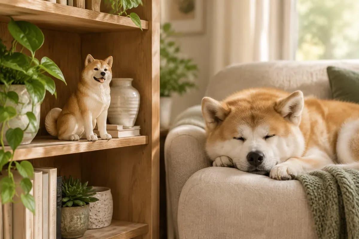 客厅书架上的秋田犬小像,真秋田犬在扶手椅上打盹