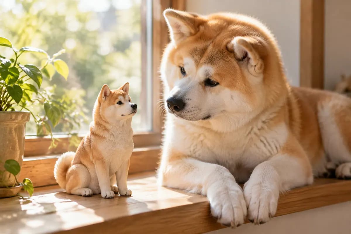 窗台绿植旁的秋田犬小像,真秋田犬好奇地看着它