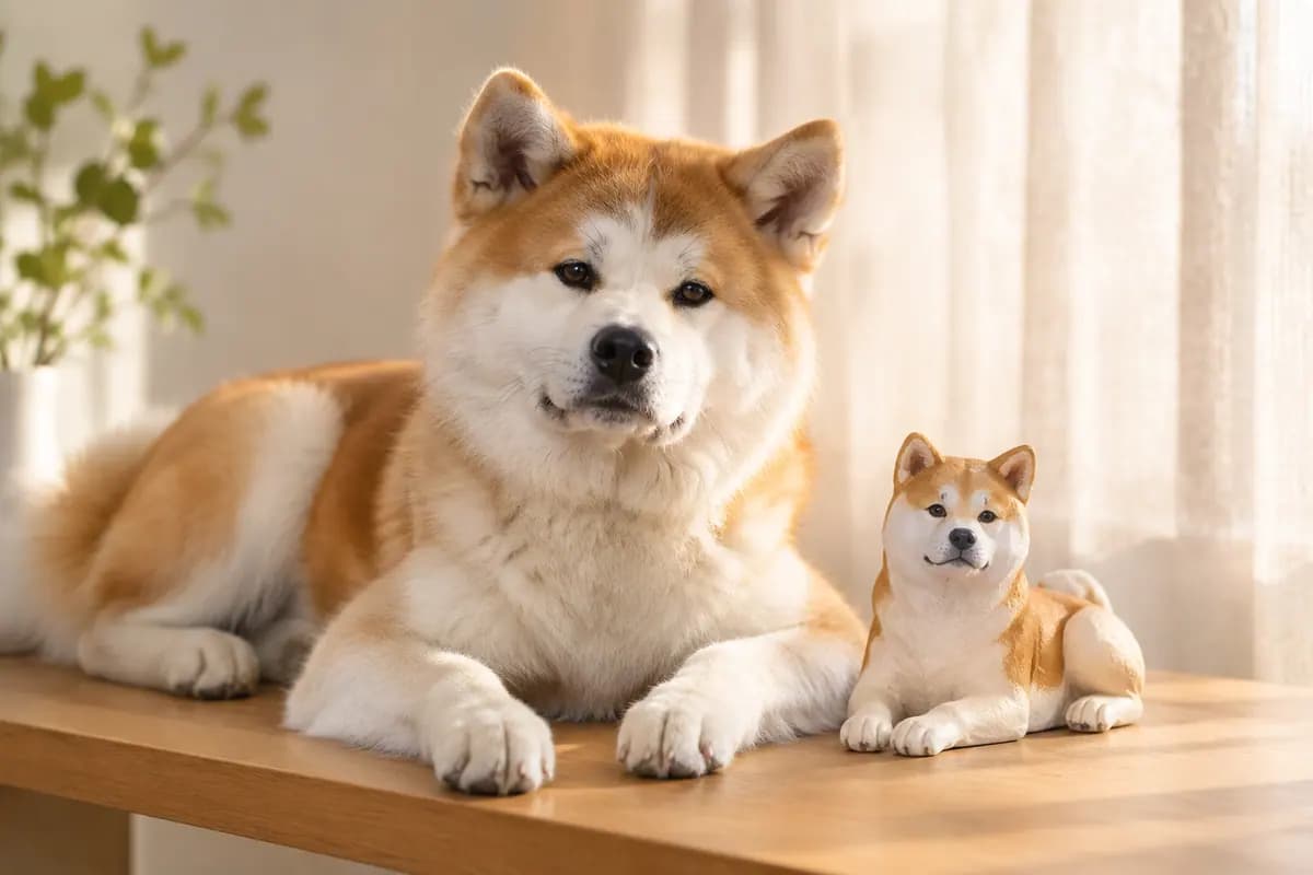 木架上的秋田犬小像,真秋田犬趴在一旁