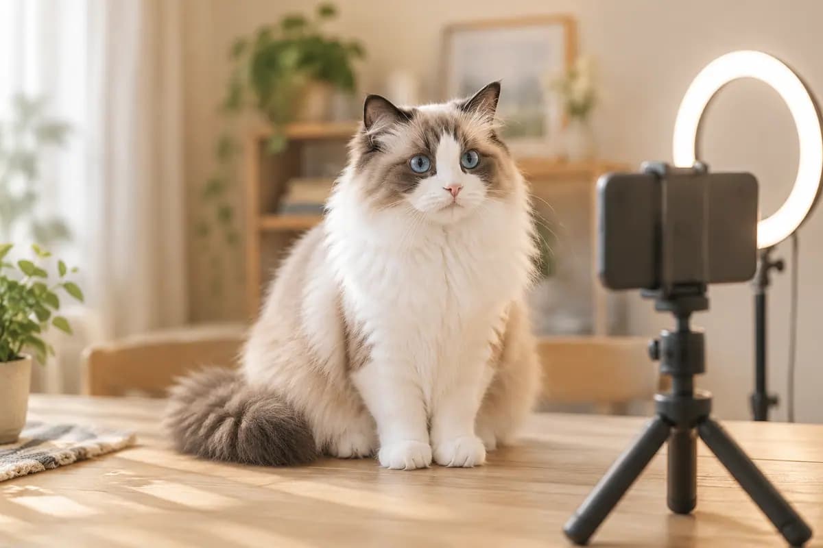 家里的小拍摄角,手机支架对着布偶猫
