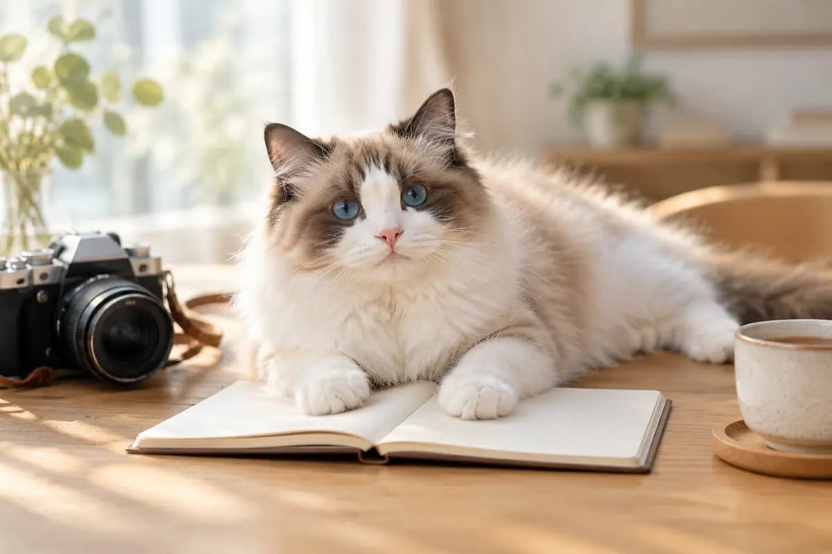 书桌上,布偶猫横躺在空白本子上