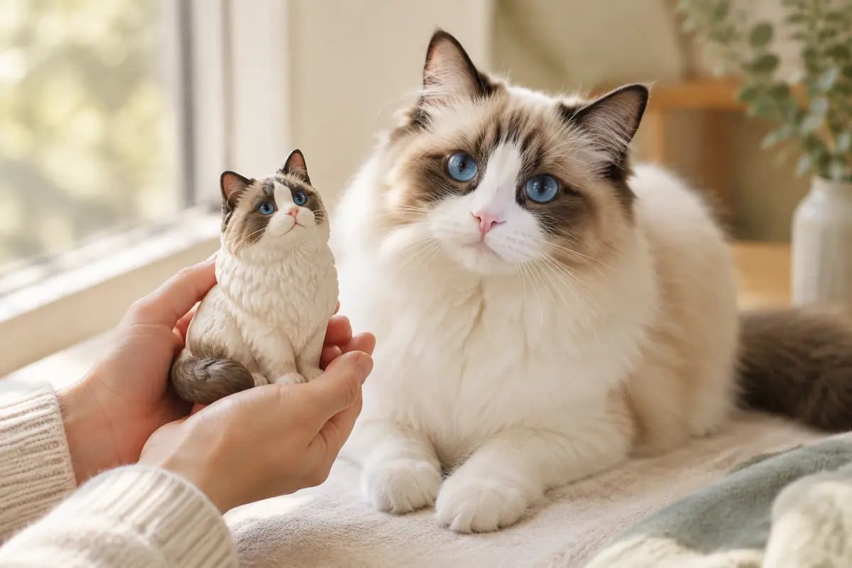 双手捧着布偶猫小像,真布偶猫就在身边