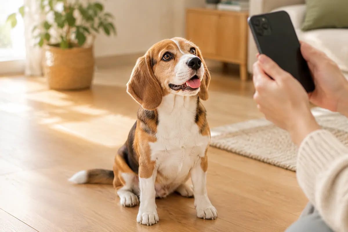 比格犬坐在地板上,抬头等着开拍