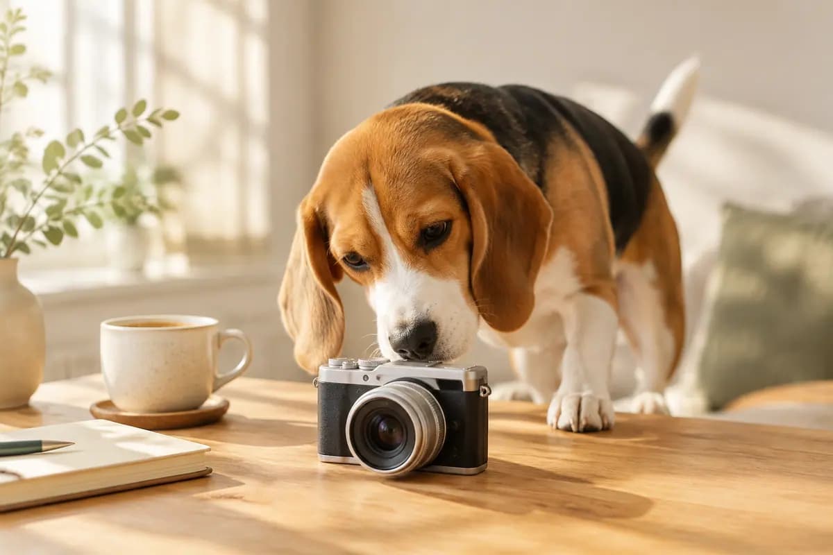 比格犬凑到书桌上的相机旁好奇地闻