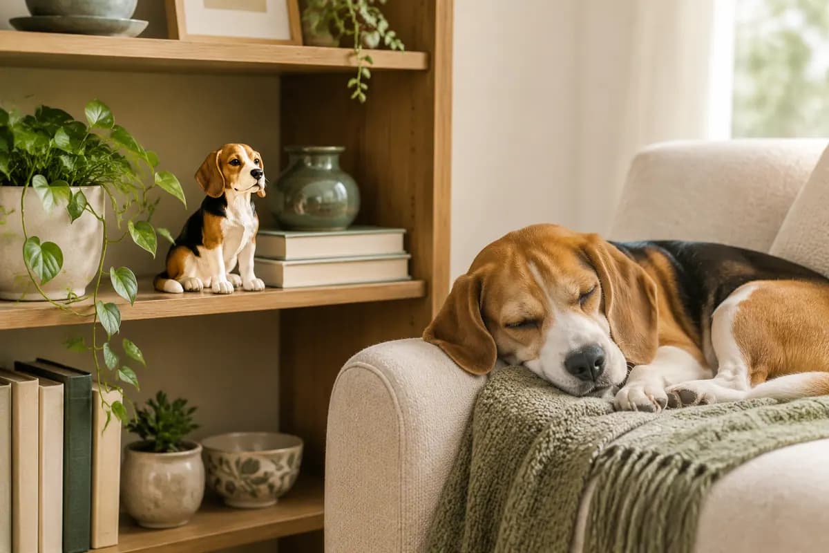 客厅书架上的比格犬小像,真比格犬在扶手椅上打盹