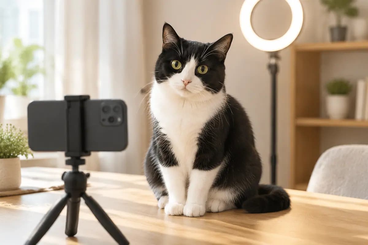 家里的小拍摄角,手机支架对着奶牛猫