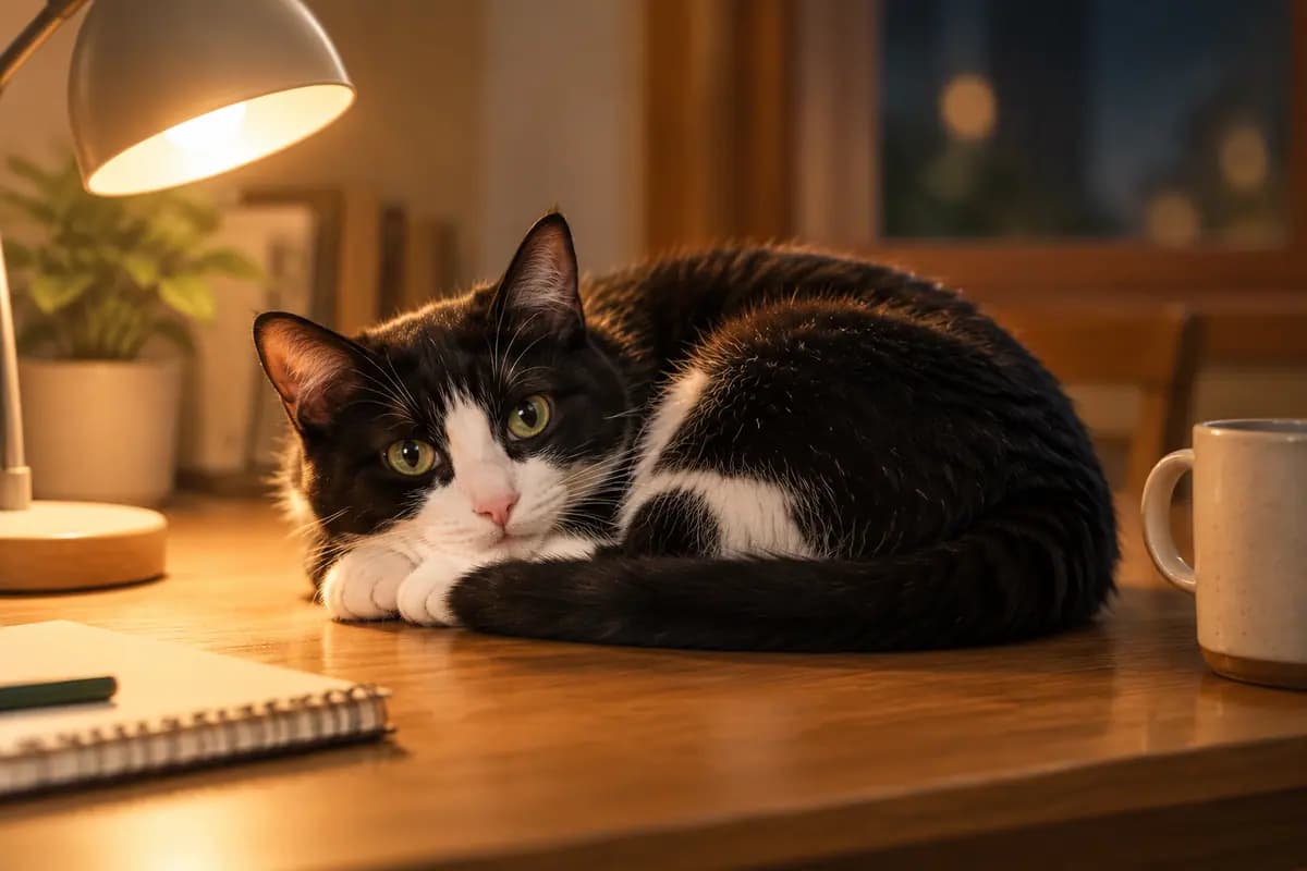 夜里的台灯下,奶牛猫蜷在书桌边