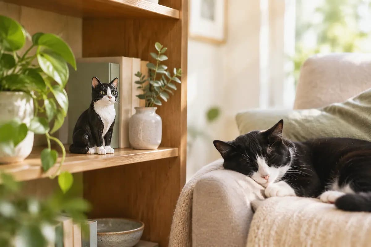 客厅书架上的奶牛猫小像,真奶牛猫在扶手椅上打盹