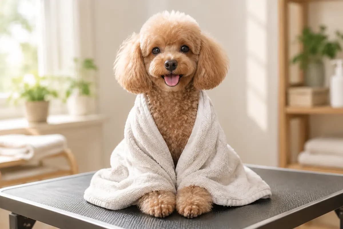 洗完澡的贵宾犬裹着毛巾坐在台上