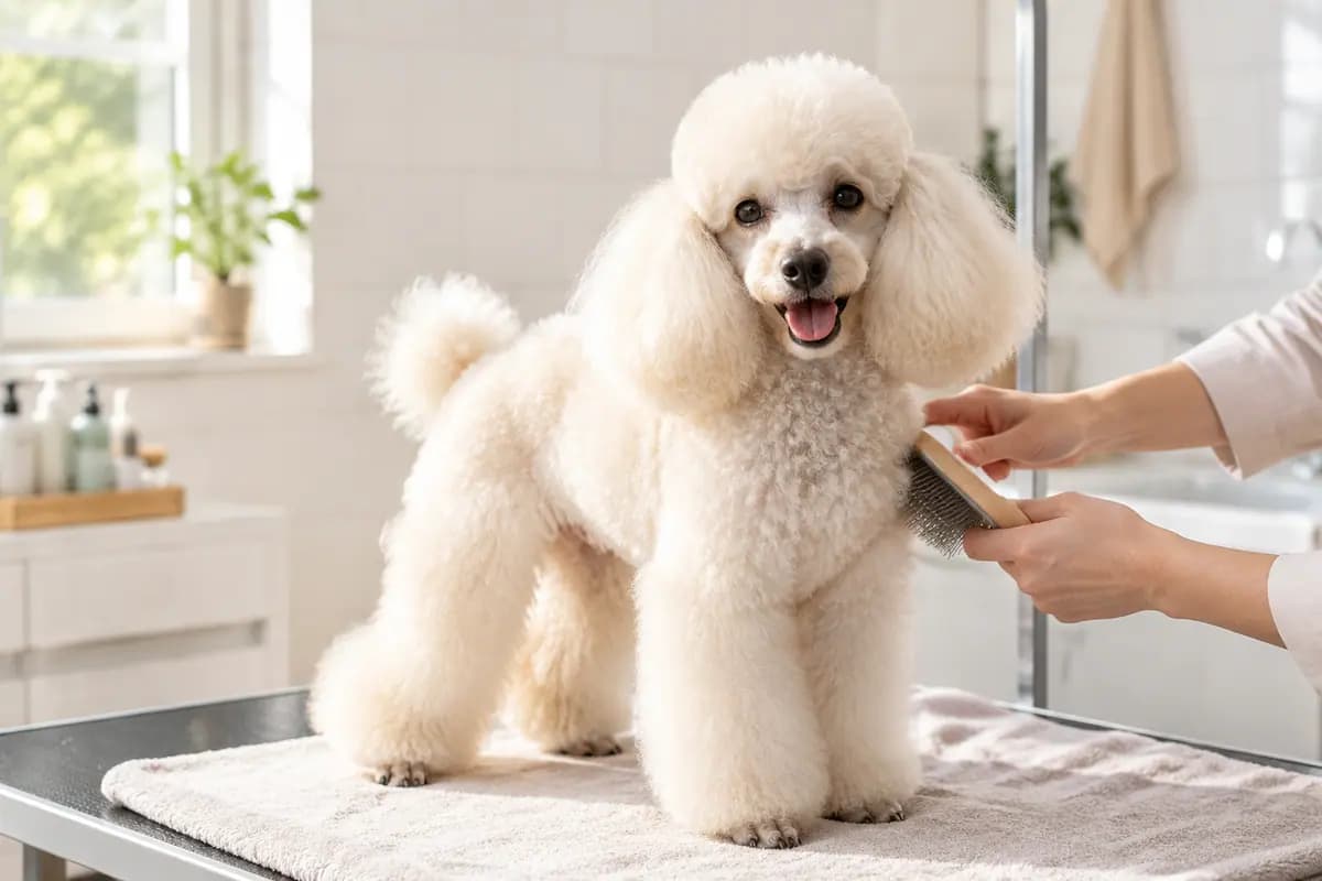 洗护间里,刚洗完的贵宾犬被轻轻梳毛