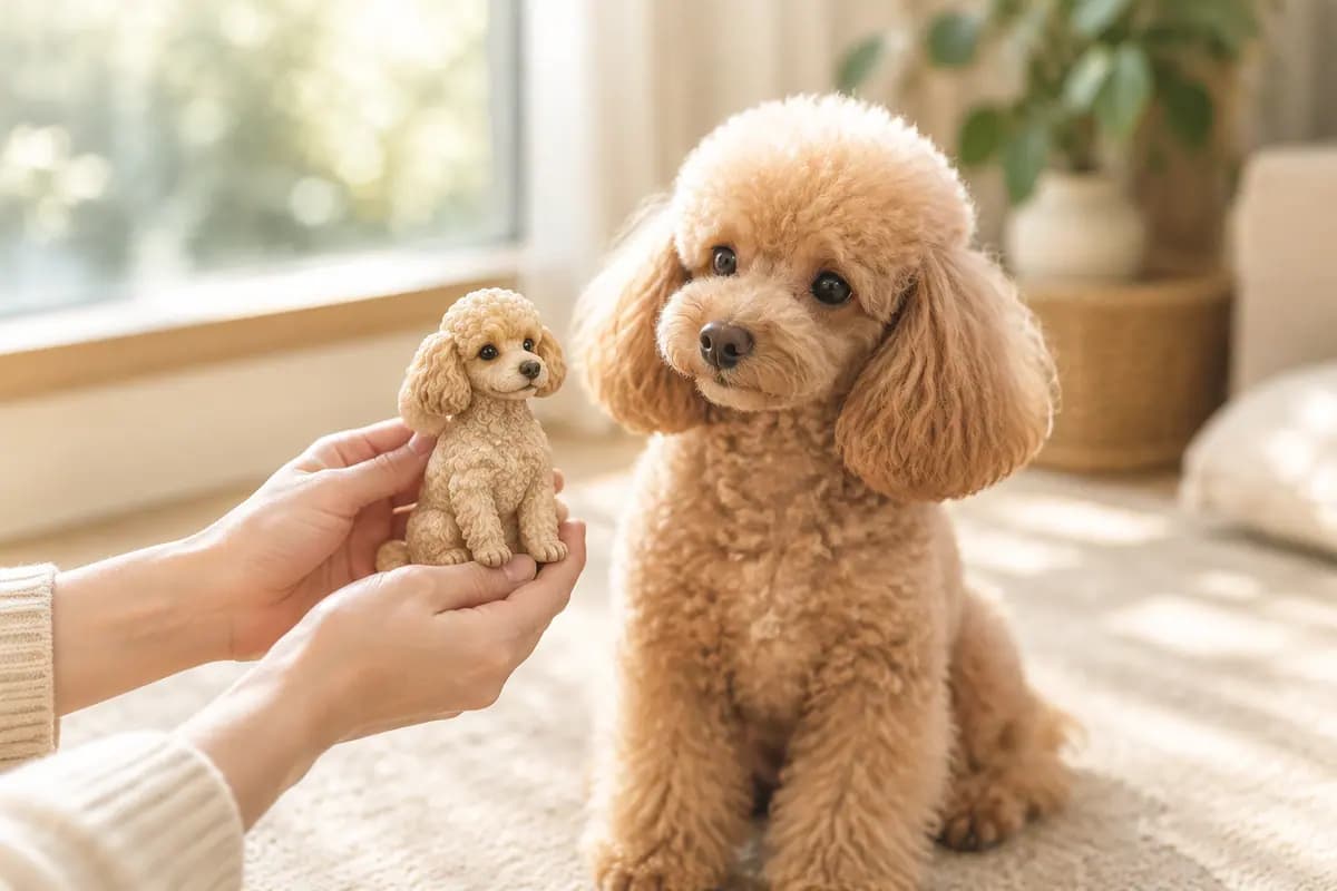 双手捧着贵宾犬小像,真贵宾犬就在身边