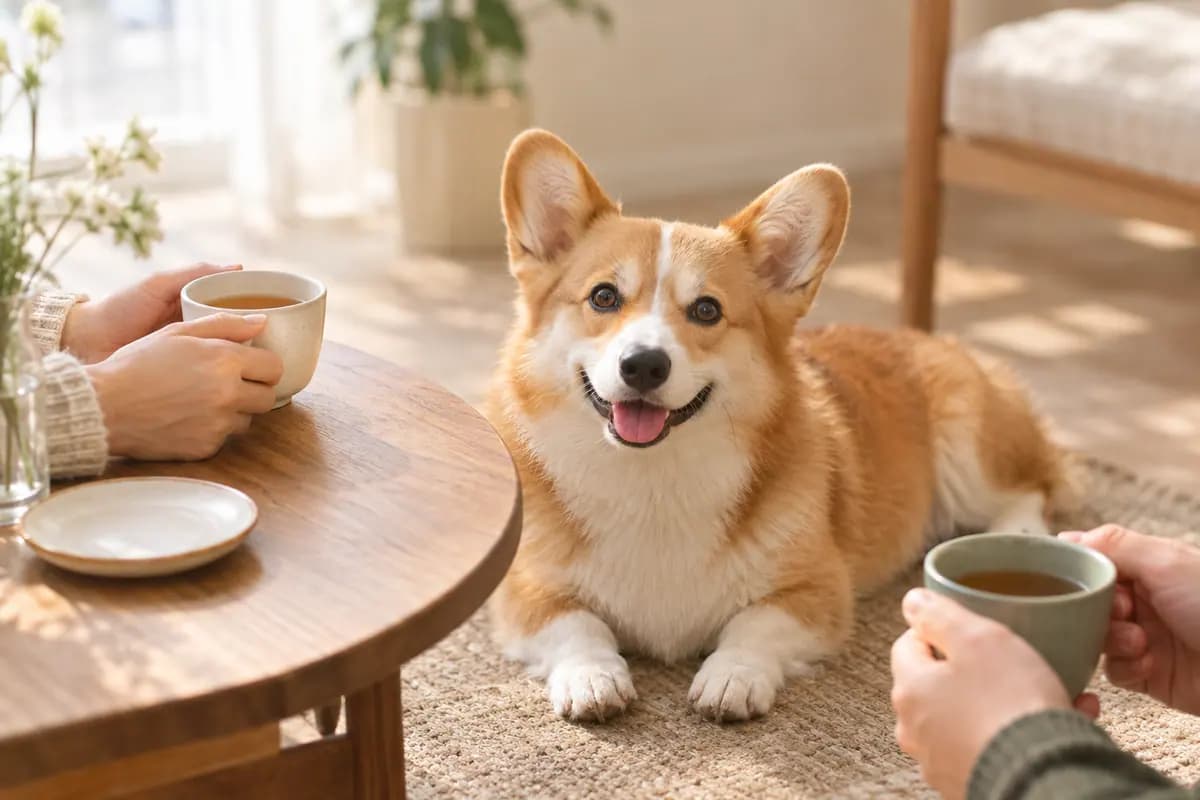 茶桌边两人在聊,柯基安静地趴在一旁