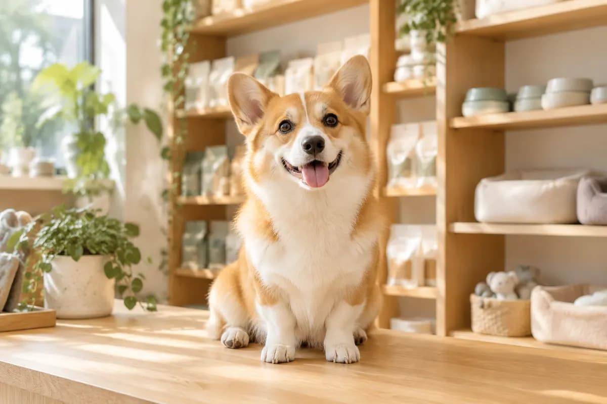 明亮的宠物店里,柯基坐在原木柜台上