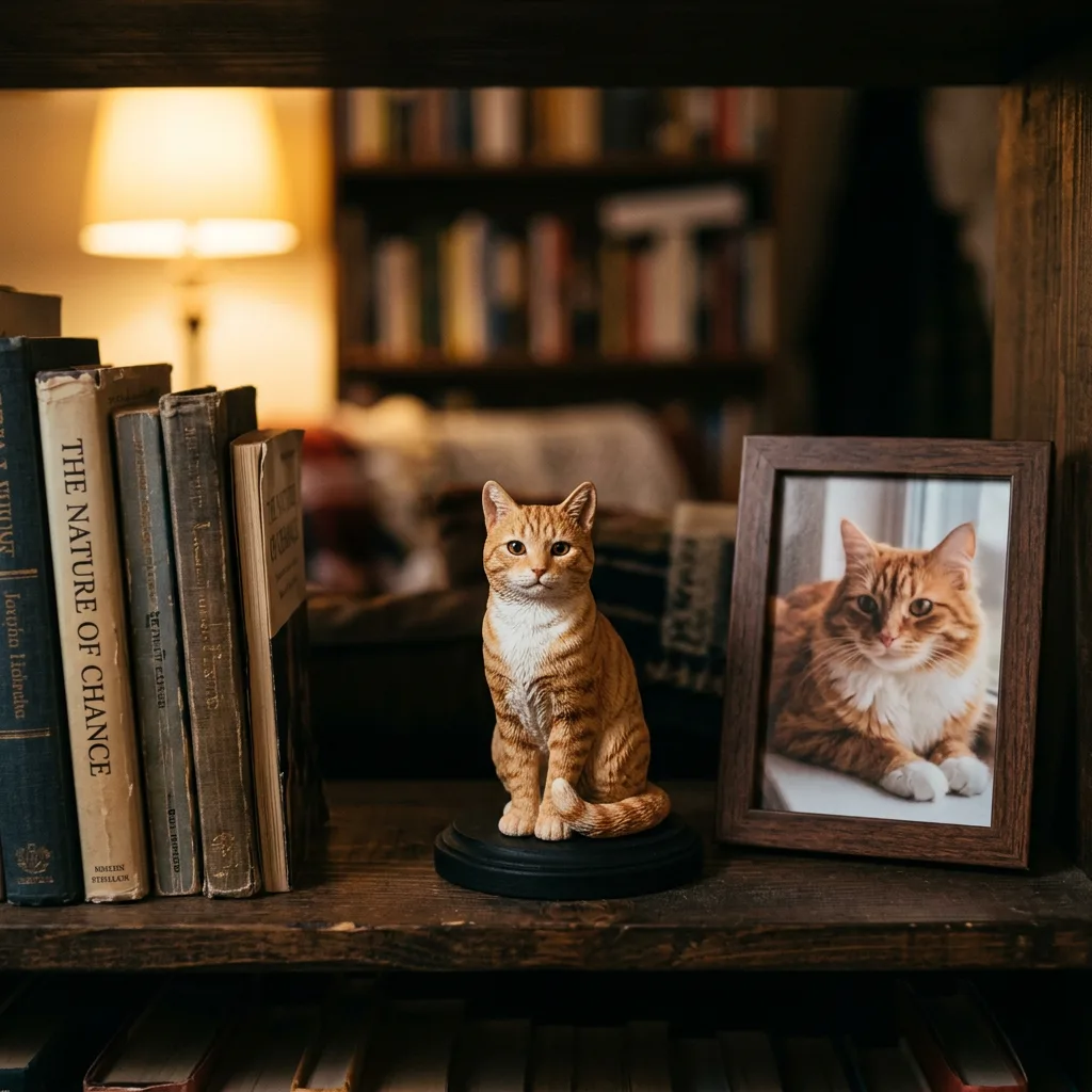 橘猫手办摆在书架上，旁边是它的裱框照片